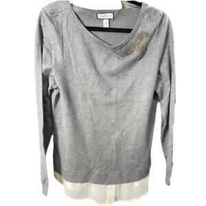 NWT Charter Club Size L Grey Solid Sweater Embellished MSRP $79.50